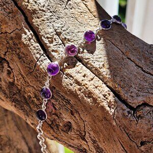 Sterling Silver Amethyst Gemstone Bracelet – 9 Stones, 925 Silver, 20cm